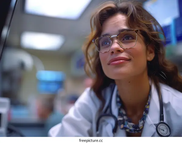 Close-up of a female doctor wearing glasses and a stethoscope
