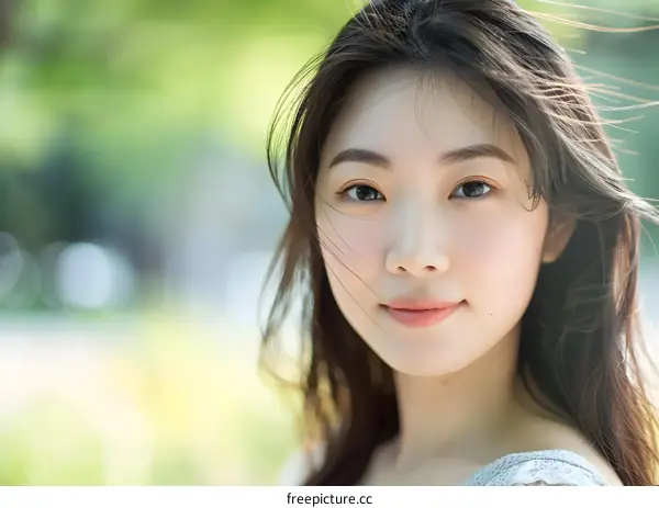 Portrait of a Young Asian Woman With Long Hair Looking at the Camera