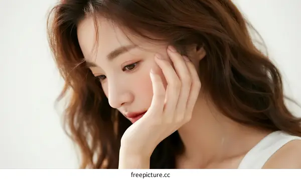 A Young Woman with Long Brown Hair Leaning Her Hand on Cheek