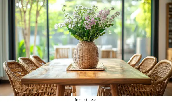 Dining Room Table with Wicker Chairs and Flowers
