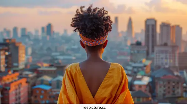 A young woman of African descent gazes out at the sprawling cityscape of Nairobi, Kenya.