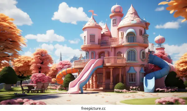 A pink castle playground with a slide and a garden