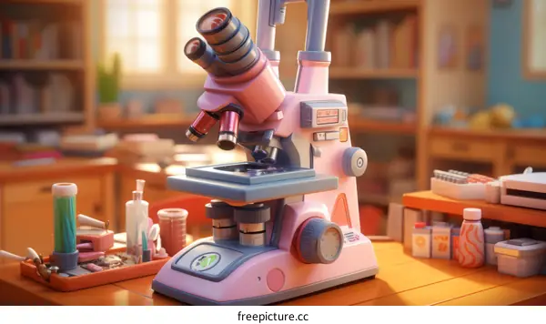 A pink microscope sits on a table in a classroom