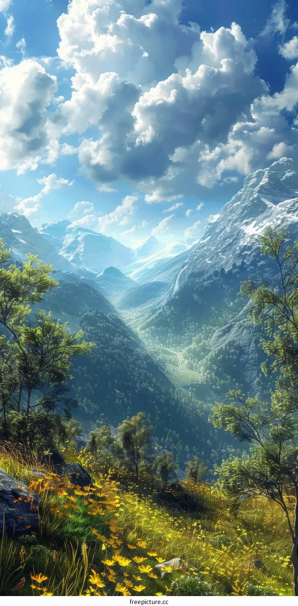 Majestic Mountain Valley Under Sunny Sky