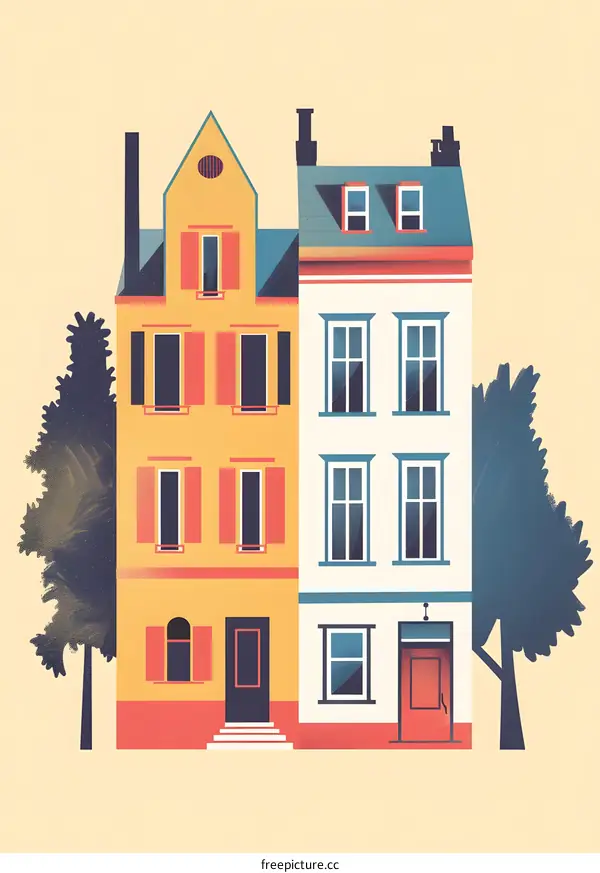 Two Colorful Buildings with Trees on a Yellow Background