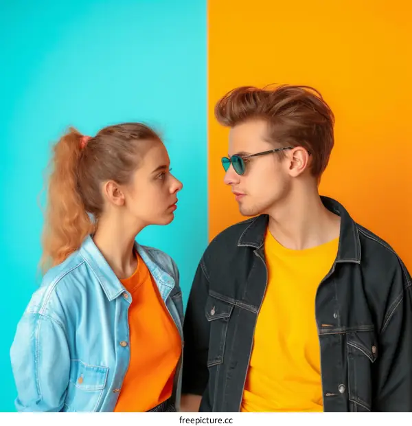 A young man and woman stand in front of a blue and orange background
