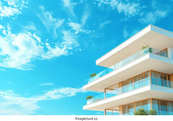 Modern apartment building with blue sky and white clouds