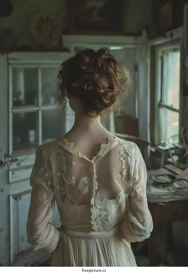 A woman wearing a vintage dress with lace sleeves and a bun hairstyle standing in a room with retro furniture