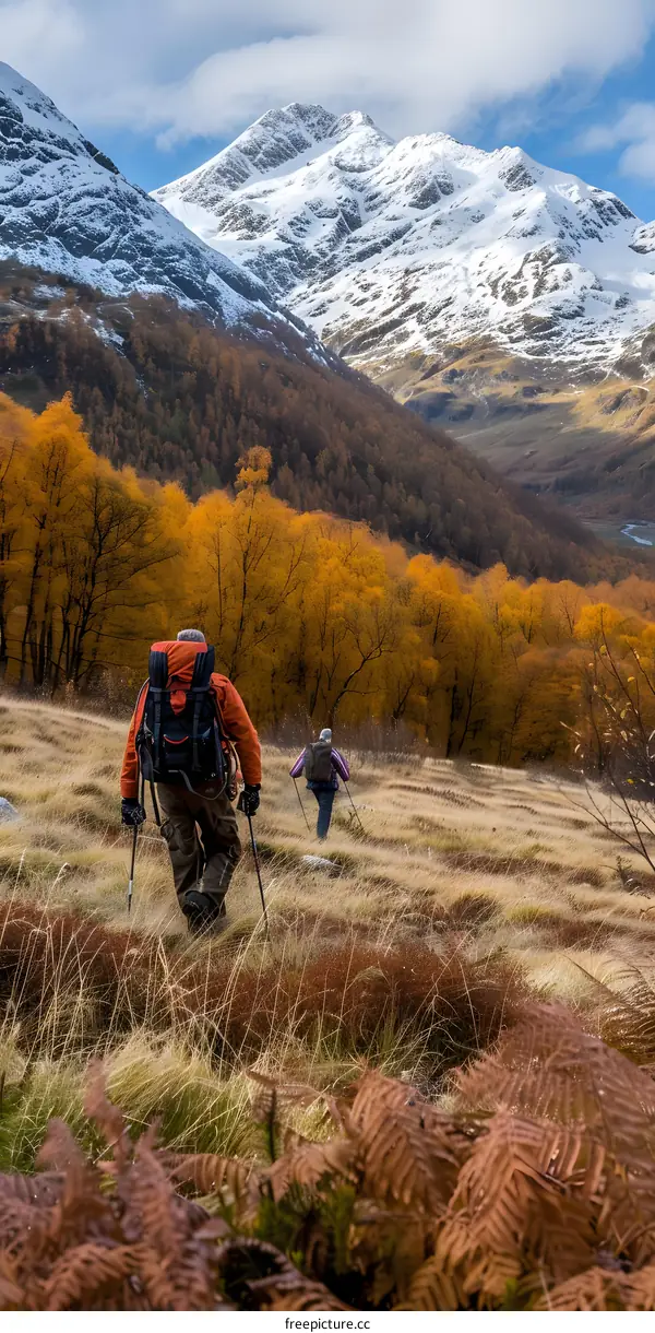 Hiking Through Mountain Pass in Autumn