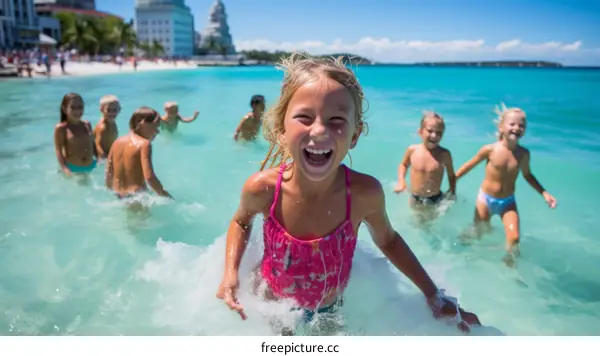 Happy children playing in the sea