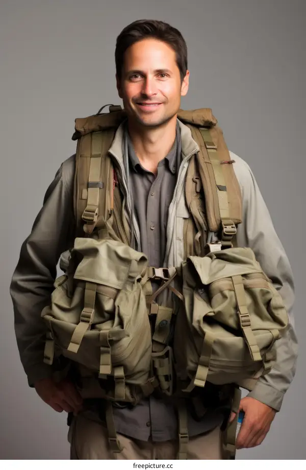 A man wearing a lot of survival gear is posing for a picture.