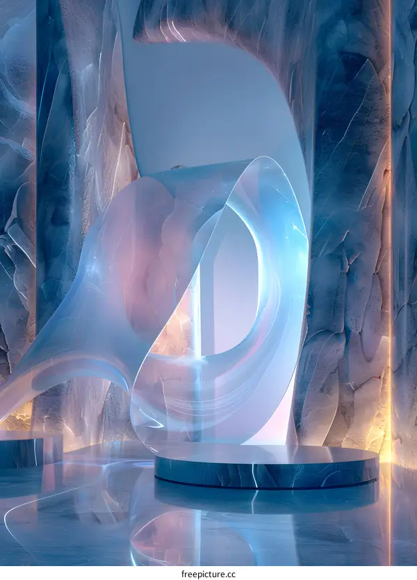 Blue and pink abstract sculpture in a blue marble room