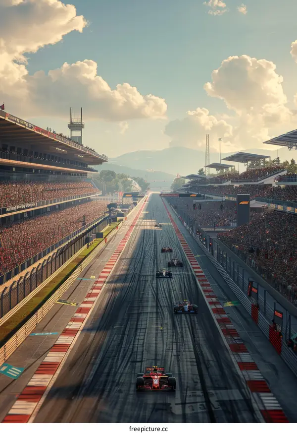 Formula One cars racing on a track with a crowd of people in the stands