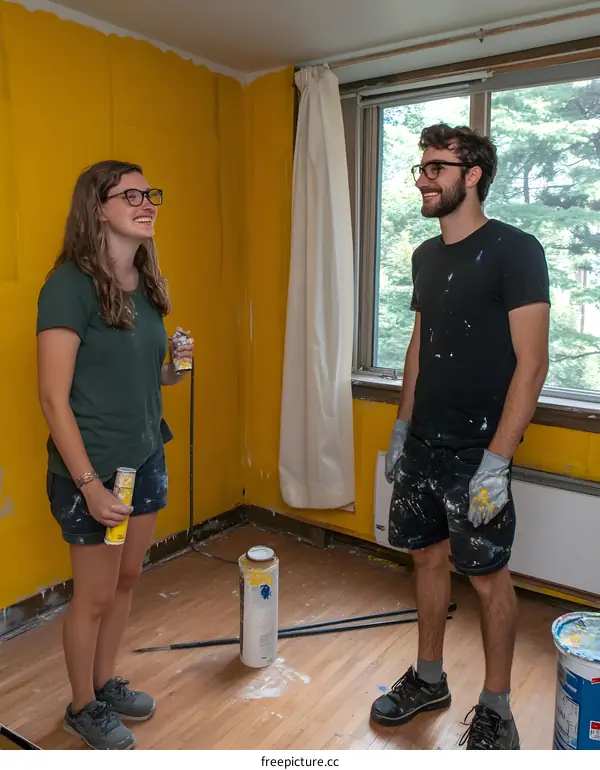 Two People Painting Room Yellow and White