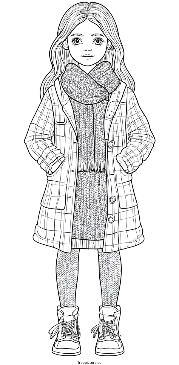 Girl in a Plaid Coat and Scarf Coloring Page