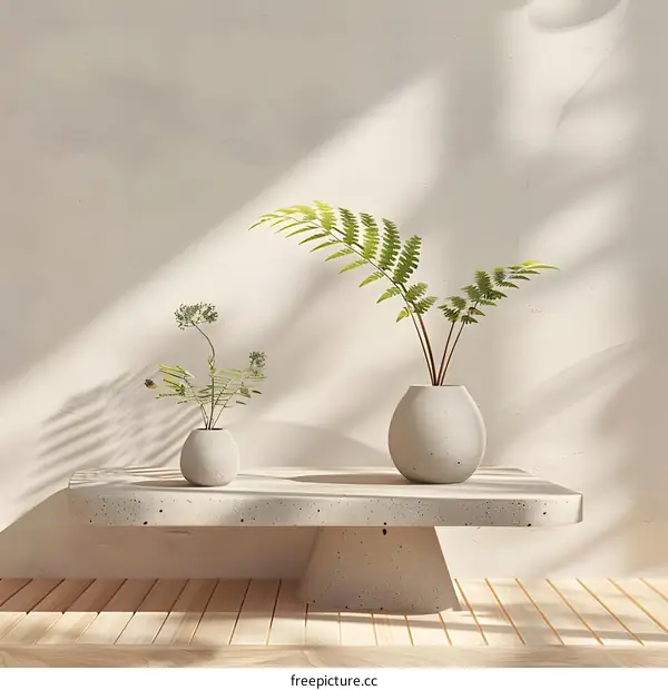 Minimalist Home Decor with Green Plants and White Vases on a Stone Table