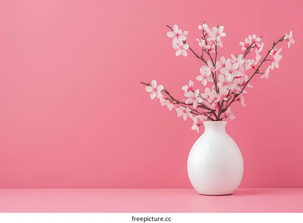 White Vase With Pink Blossoms On Pink Background