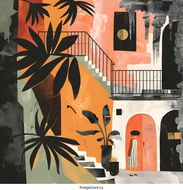 Woman Standing Near the Entrance of a Building with Tropical Plants