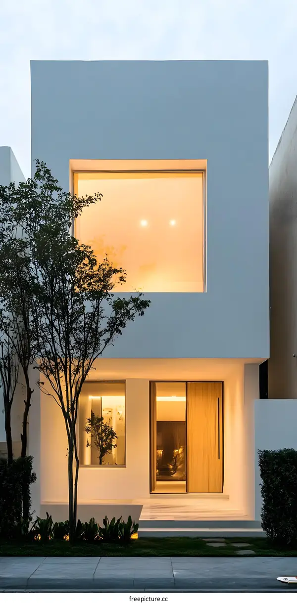 Modern Minimalist White House with Large Window and Wooden Door
