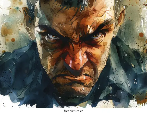 A close up of a mans face with a serious expression