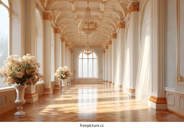 Elegant Palace Corridor with Sunlight and Flowers
