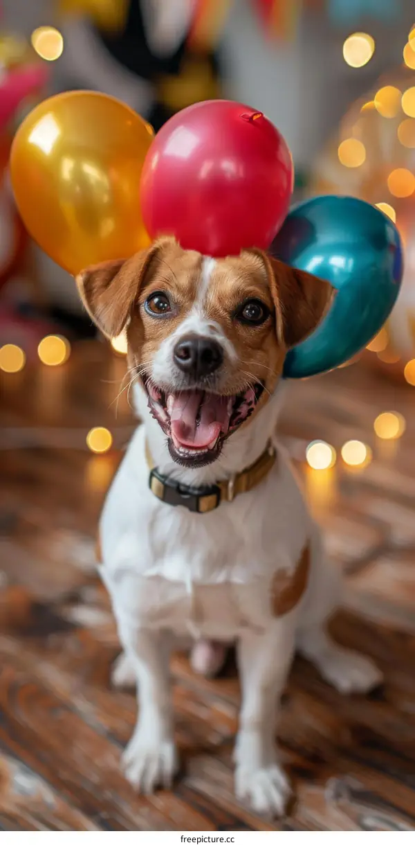 A cute dog celebrating at a party with colorful balloons