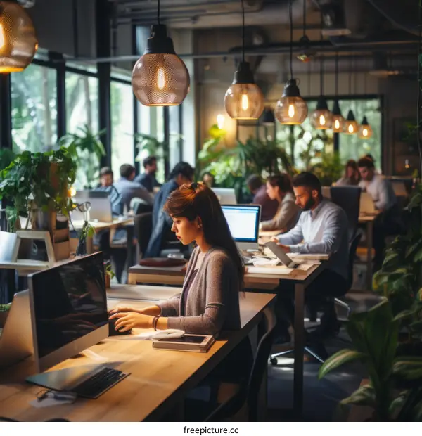 Focused businesswoman working on computer in modern office with plants