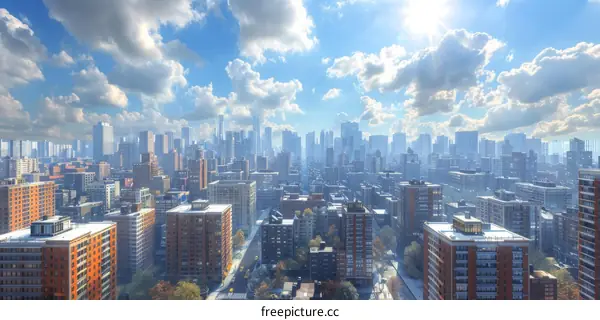 New York City Skyline with Sunny Cloudscape