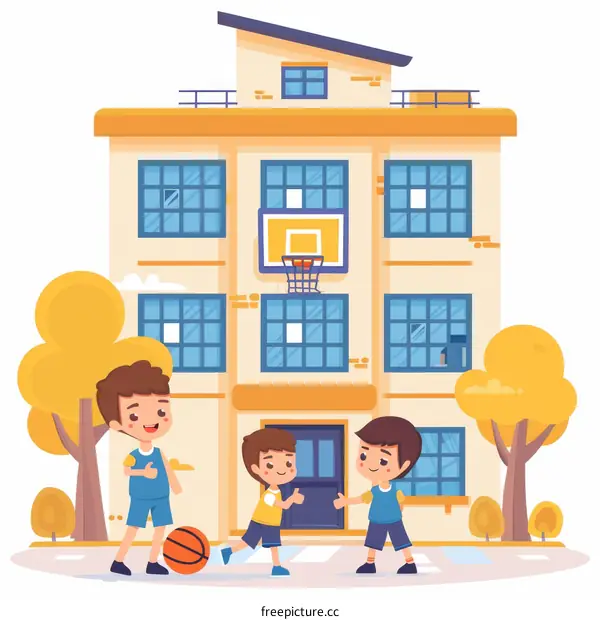 Three boys playing basketball in front of an apartment building