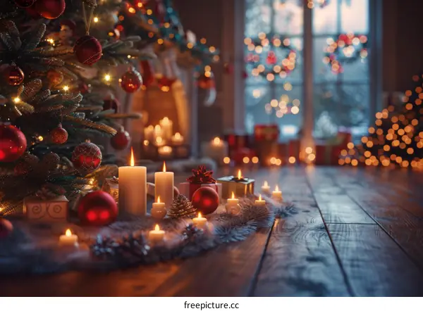 Captivating Christmas Tree Adorned with Red Ornaments and Glowing Candles