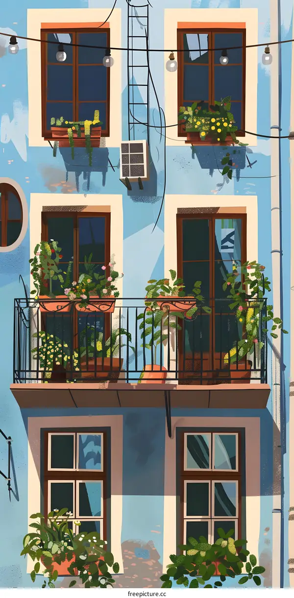 Balcony with Flowers and Windows on a Blue Building