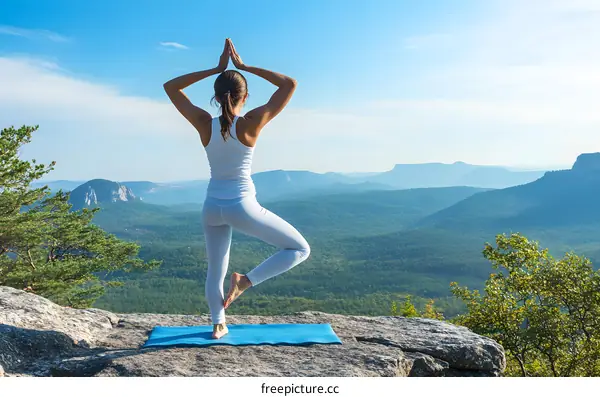 Woman Doing Yoga Pose On Mountain Peak With Beautiful View