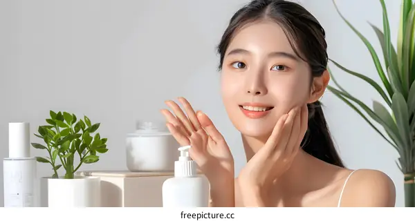 Beautiful Asian Woman Smiling While Applying Skin Care Lotion