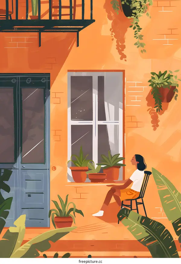 Woman Sitting on a Patio with Plants