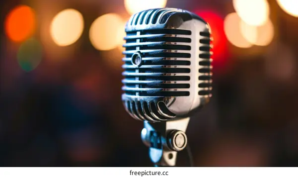 Retro silver microphone on stage with blurred lights in the background