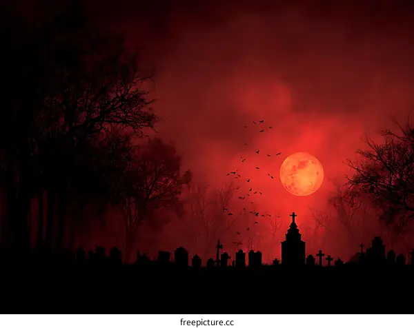 Red Moon over a Cemetery at Night
