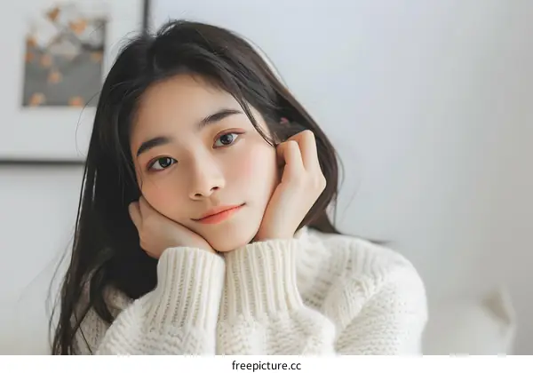 Portrait of a Young Asian Woman with Long Black Hair Wearing a White Sweater