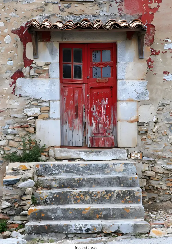 Old red wooden door in a stone wall