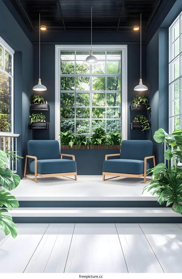 Blue And White Interior Design With Two Armchairs And Hanging Lights