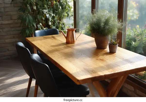 Rustic Wooden Dining Table with Plants