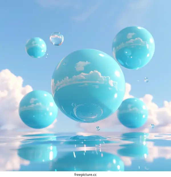 Blue Spheres Floating in Water with Clouds Inside