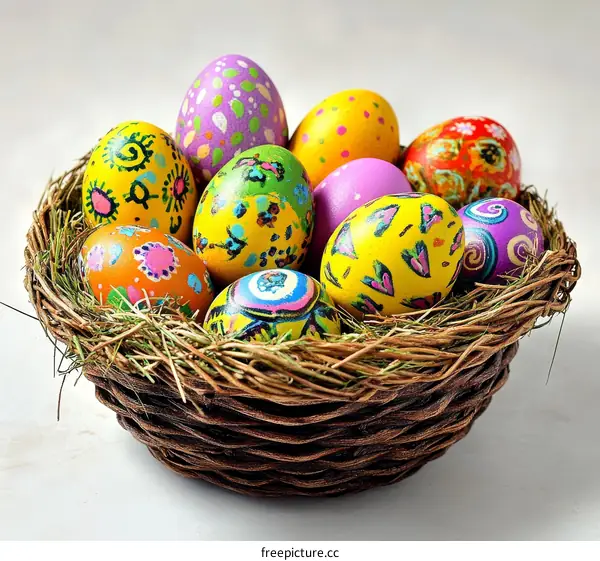 Colorful Hand-Painted Easter Eggs in a Basket