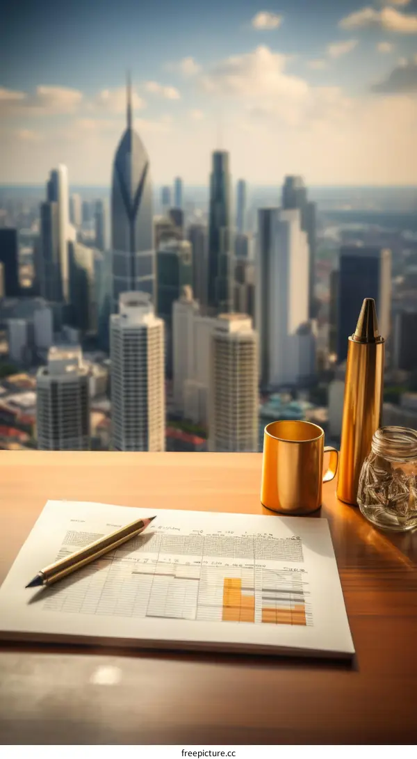 City Skyline View from Desk with Golden Cup and Pencil
