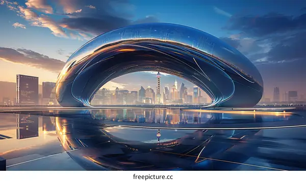 futuristic city with a large metal sculpture in the foreground