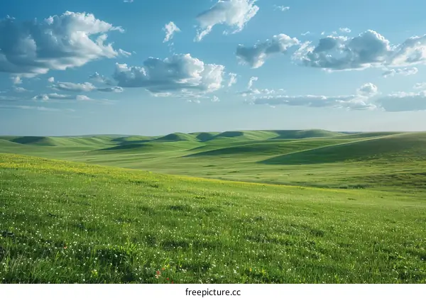 Vast green rolling hills under blue sky with white clouds