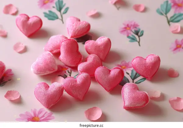 Pink Hearts on a Floral Background
