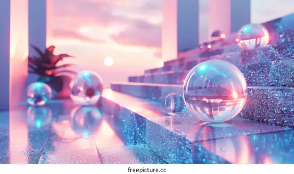3D Abstract Stairs and Glass Balls with Light and Shadow