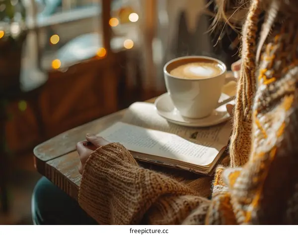 A woman is reading a book and drinking coffee in a cozy coffee shop