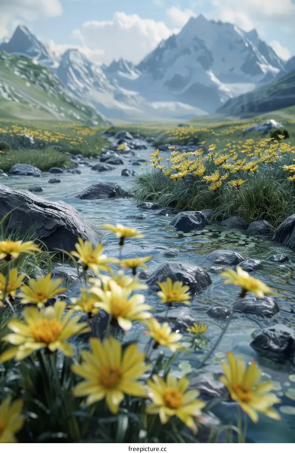 Alpine Meadow with Stream and Yellow Flowers