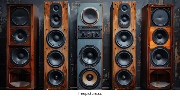 A variety of old speakers are on display.